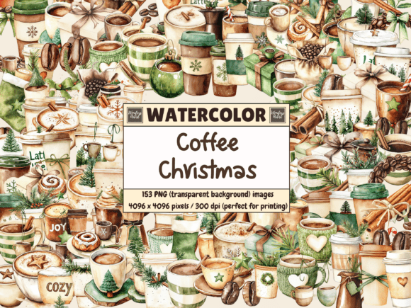 Download Coffee Christmas Watercolor Clipart - Watercolor Collection