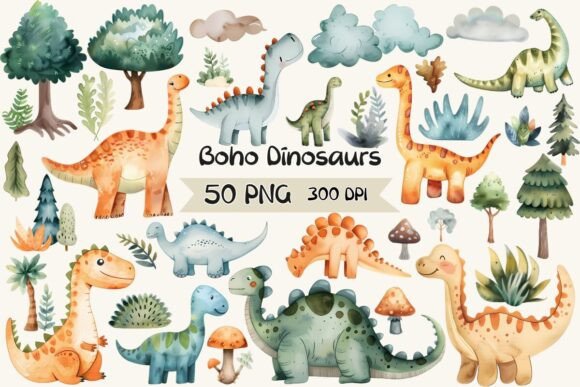 Download Boho Watercolor Dinosaurs Clipart - Watercolor Collection