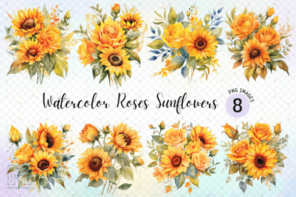 Download Watercolor Roses Sunflowers Bouquets PNG - Watercolor Collection