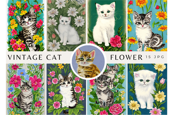 Download Vintage Watercolor Cat with Flowers Rose - Watercolor Collection
