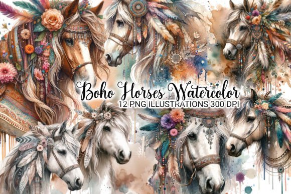 Download Boho Horses Watercolor 12 PNG Bundle - Watercolor Collection