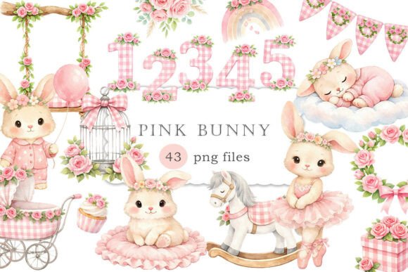 Download Watercolor Pink Bunny Clip Art Set PNG - Watercolor Collection