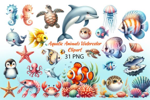 Download Aquatic Animals Watercolor Clipart - Watercolor Collection