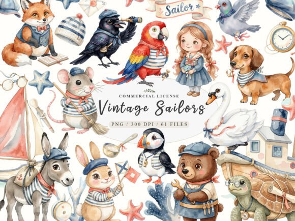 Download Watercolor Cute Vintage Sailor Animals - Watercolor Collection