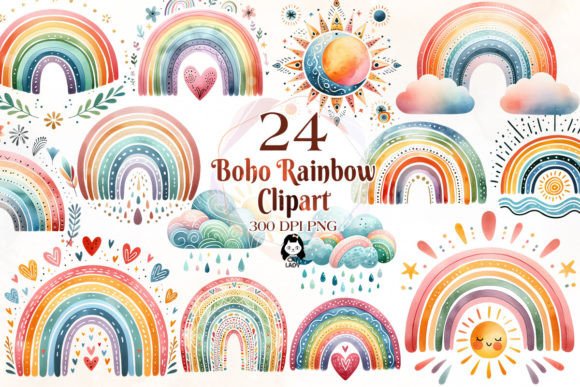 Download Watercolor Boho Rainbow Clipart Bundle - Watercolor Collection