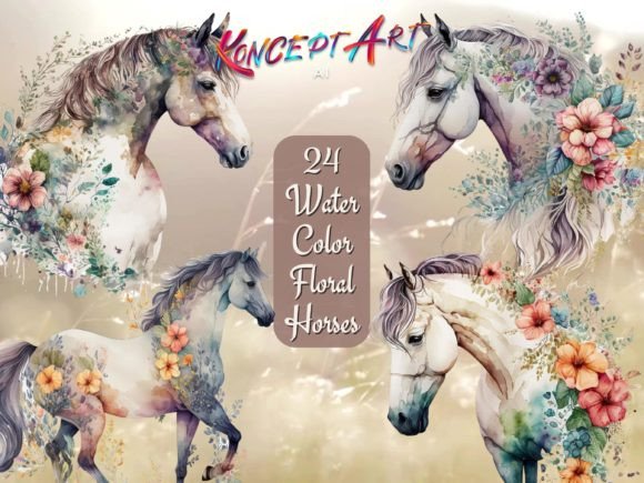 Download 24 Boho Watercolor Floral Horse Clipart - Watercolor Collection