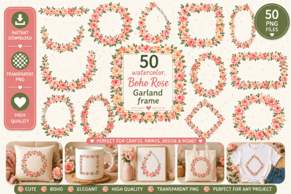 Download 50 Boho Watercolor Rose Garland Frames - Watercolor Collection