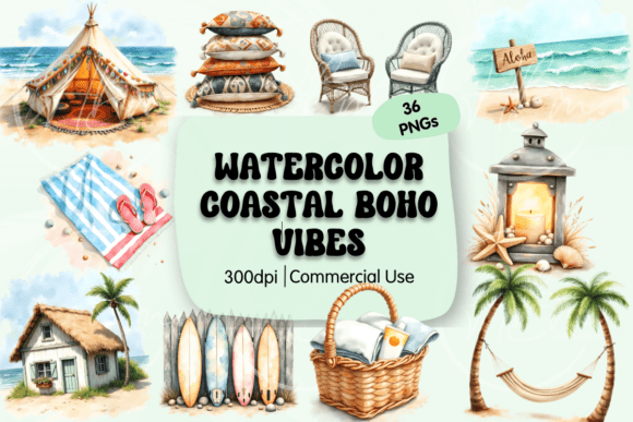 Download Coastal Boho Watercolor Clipart - Watercolor Collection