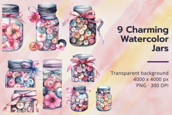 Download Watercolor Jars with Buttons and Flowers - Watercolor Collection