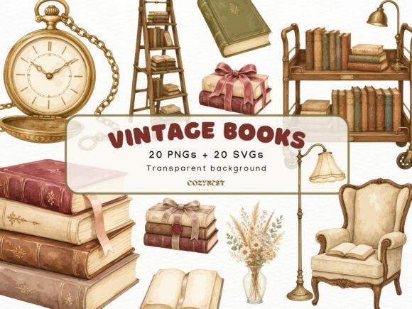 Download Vintage Books Watercolor Clipart PNG SVG - Watercolor Collection