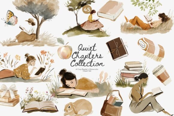 Download Cozy Reader Watercolor Clipart Set - Watercolor Collection