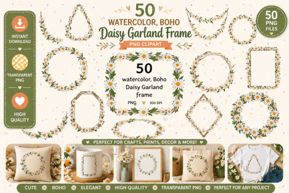 Download 50 Boho Watercolor Daisy Garland Frames - Watercolor Collection