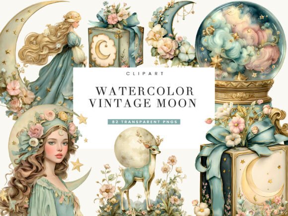 Download Watercolor Vintage Moon Clipart Bundle - Premium Resources