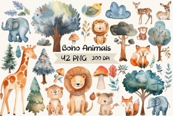 Download Boho Watercolor Animals with Trees - Watercolor Collection
