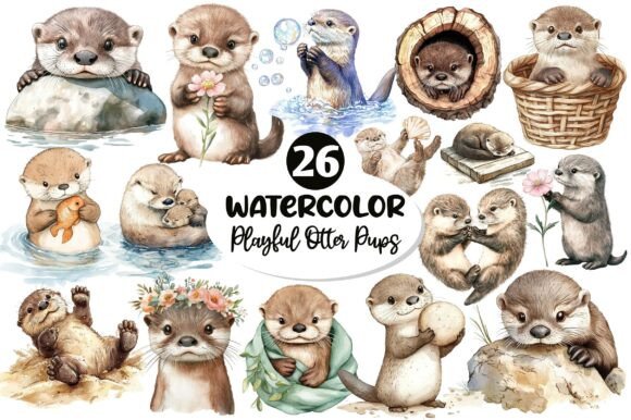 Download Watercolor Playful Otter Pups Clipart - Watercolor Collection