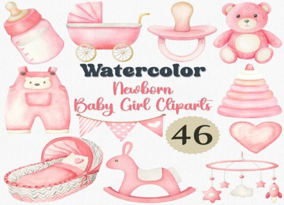Download Watercolor Newborn Baby Girl Clipart Set - Newborn Collection
