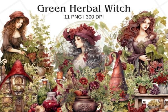 Download Green Herbal Witch Watercolor Clipart - Watercolor Collection