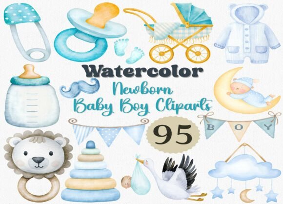 Download Watercolor Newborn Baby Boy Clipart Set - Newborn Collection