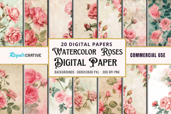 Download Vintage Watercolor Roses Digital Paper - Watercolor Collection
