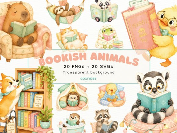 Download Bookish Cute Animals Watercolor Cliparts - Watercolor Collection